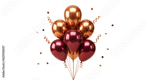 Cluster of shiny rose gold and burgundy balloons with confetti, perfect for elegant celebrations and parties