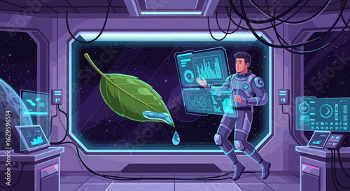 Futuristic Space Biologist Studying Hydration of Green Leaf in Space Station