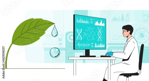 Scientist analyzing plant DNA on a computer, exploring plant biotechnology and scientific