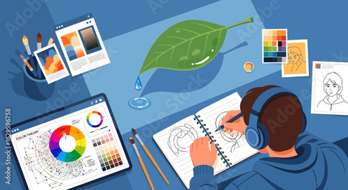 Creative designer at work, crafting digital artwork with inspiration from nature and technology