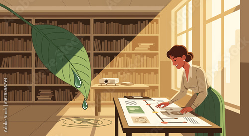 Illustration of Sustainable Business Practices with Green Initiatives in Office Environment