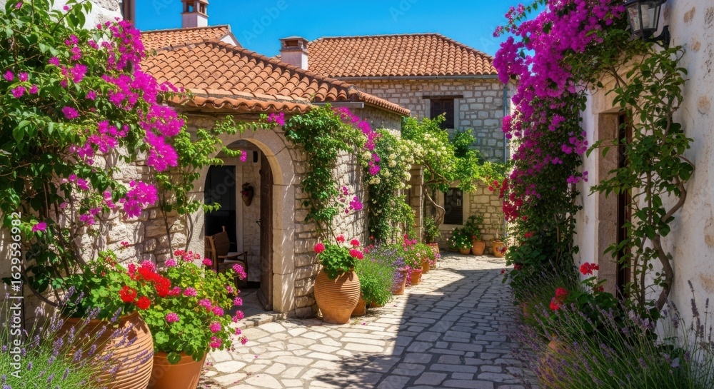 Naklejka premium Mediterranean Village Stone Path Summer Sun