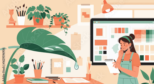 Creative woman working on graphic design in cozy workspace with plants and computer