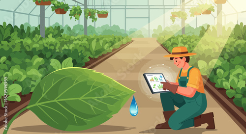 Illustration of Smart Farming in a Greenhouse with Technology and Data Analysis for Enhanced Crop