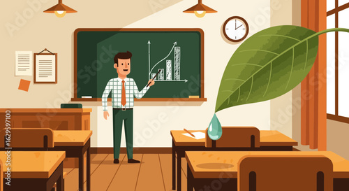 Illustration depicting a teacher explaining growth with a plant symbolizing education and