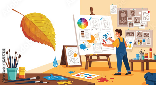 A Vibrant Artist's Studio: Creative Process, Color Exploration, and Artistic Expression