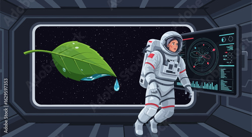Conceptual image of an astronaut observing a leaf with water in space station window