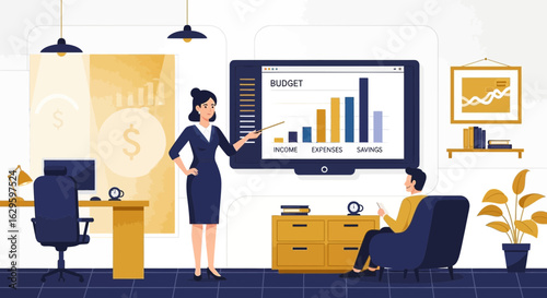 Financial advisor presenting budget analysis and savings strategies to client at home office
