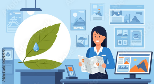 Travel agency promoting sustainable tourism with friendly agent and natural focus