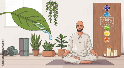 Meditative man surrounded by plants in a yoga studio with chakra symbols on the wall