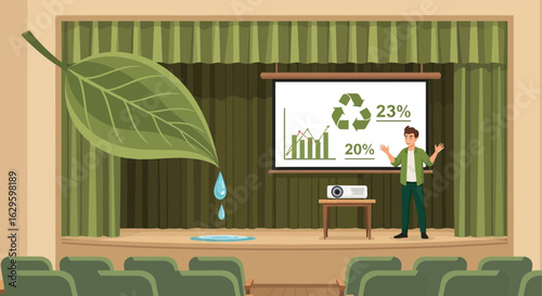 Illustration of environmental presentation on stage with recycle symbol charts and a leaf dropping