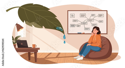 Conceptual illustration of a woman contemplating environmental issues and sustainability at home