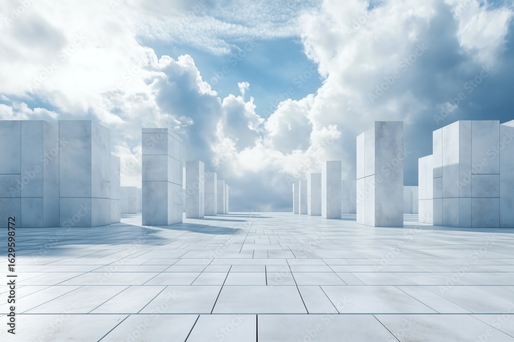 Fototapeta premium Geometric urban dreamscape with monolithic structures under a sky of billowing clouds, evoking futuristic yet serene architectural vision