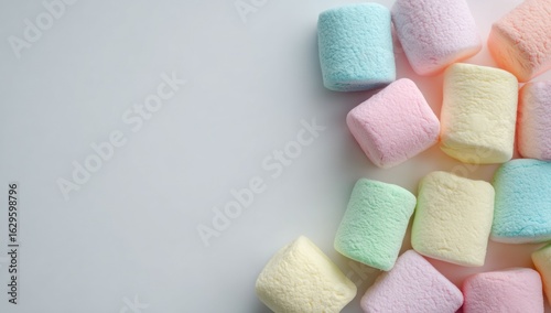 Colorful marshmallow candies arranged on a light background.