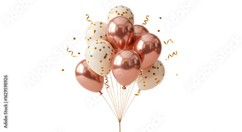 Rose gold and white balloons with gold confetti, festive party decoration perfect for birthdays and anniversaries