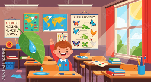 Happy student raising hand in classroom with educational charts and sunlight