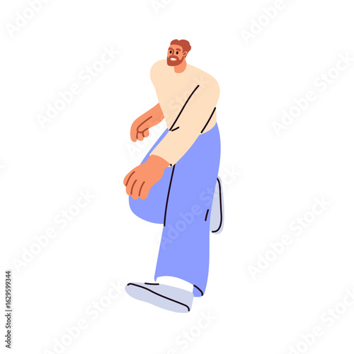 Man walking forward in dynamic pose. Happy smiling character running, rushing, hurrying with positive emotion. Person in motion, movement. Flat vector illustration isolated on white background