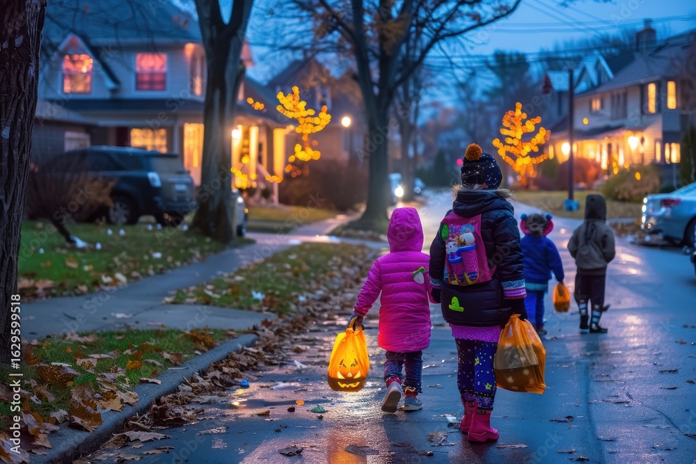 Obraz premium Four young children enjoying festive halloween evening, trick or treating on residential neighborhood sidewalk with warm glowing lights