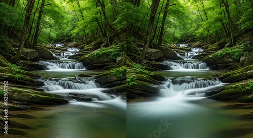 Cascading waterfalls through a lush forest.