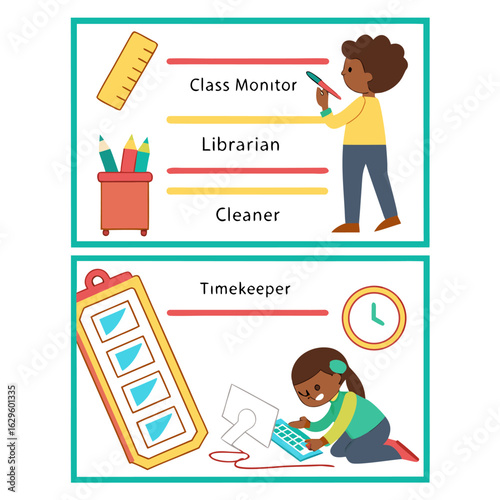 Illustration depicting various classroom roles such as class monitor librarian cleaner and timekeeper tasks