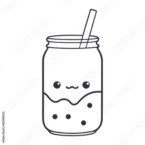 Kawaii mason jar with a straw and liquid containing small round objects and a cute facial expression