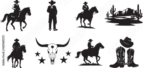 Western Silhouette Icon Set – Cowboys, Horses & Desert Elements