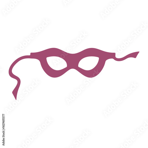 A single purple masquerade mask with tie strings on a white background is centered horizontally