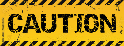 Yellow caution sign board in grunge style with black lines. Realistic warning signboard, attention banner template, road shield. Vector illustration with grain, old texture, stain and scratch.
