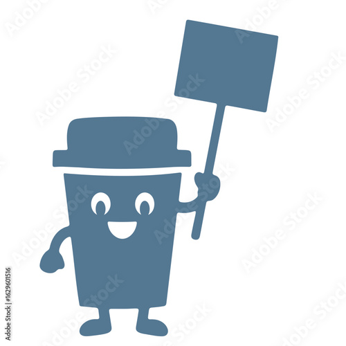 Cartoon coffee cup character holding a blank sign with a smiling face and simple design style illustration