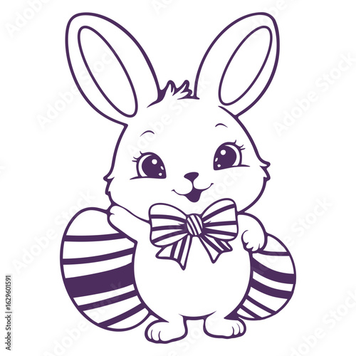 An easter bunny with a bow tie standing next to striped easter eggs in a cartoon style design