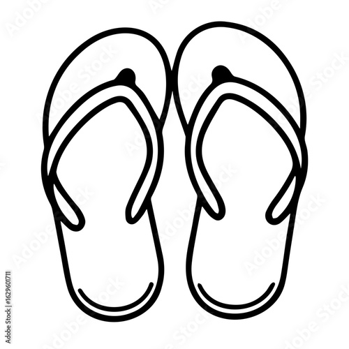 Illustration of a pair of flip flops with toe straps and a simple design in black and white style art