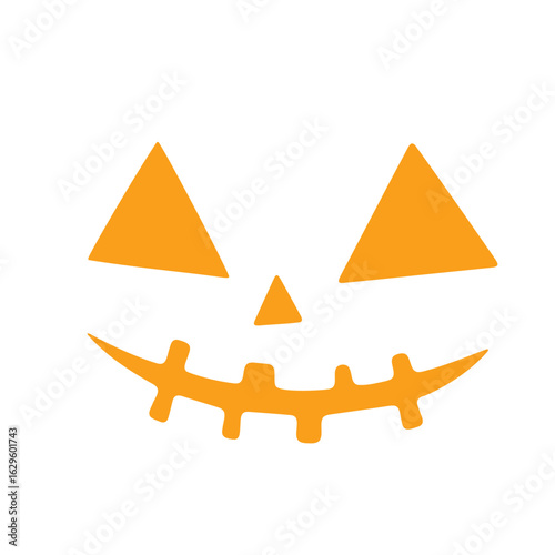 Orange jack o lantern face with triangular eyes and nose and a stitched smile on a white background