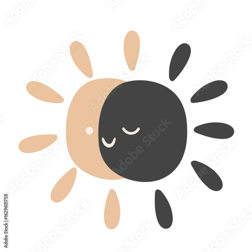 Two stylized suns one beige and one black overlapping with closed eyes and rays around them in cartoon style