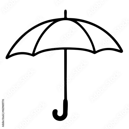 Illustration of a simple black and white umbrella with a curved handle and dome shaped canopy design