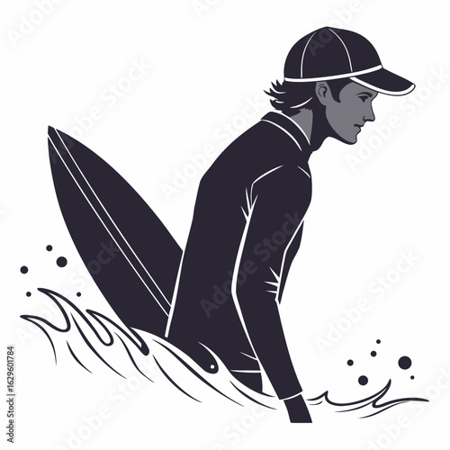 Stylized illustration of a surfer in a wetsuit and cap with surfboard in the water