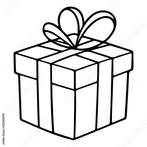 A simple line drawing of a square gift box with a ribbon and bow isolated on a white background design