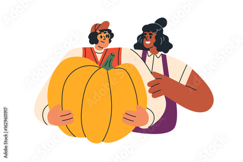 Farmer couple holding large pumpkin. Happy farm people with vegetable, squash...