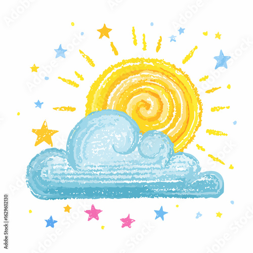 Crayon cloud, sun, star. Chalk kid moon, wind, cloud pastel illustration. Pencil crayon texture line hand drawn sky.