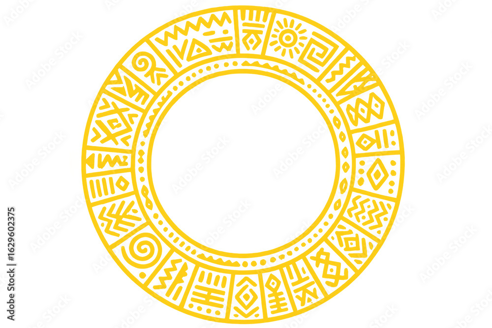 Golden mayan calendar circular frame featuring intricate glyphs representing ancient cultural symbolism, transparent background highlighting architectural heritage Golden mayan calendar circular frame featuring intricate glyphs representing ancient cultural symbolism, transparent background highlighting architectural heritage