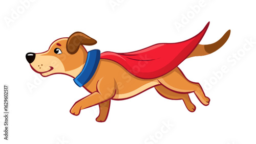 Cartoon superhero dog vector illustration running fast with cape and collar for pet lovers design