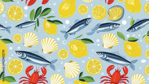 Summer with lemons, seashells, sardines pattern, lobster