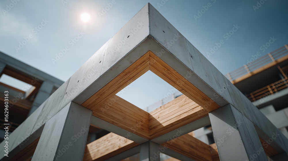 Obraz premium Low angle view of under-construction bridge or flyover, massive concrete structure, deep blue sky, realistic details