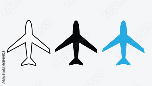 Airplane Icon Vector Illustration – Aircraft, Plane Symbol, Aviation Sign, Airline Travel, Flight, Air Transport, Jet, Passenger Plane, Silhouette Pictogram Collection