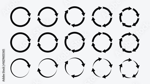 Circle Arrow Icon Vector Set – Circular Arrows for Refresh, Reload, Recycle, Repeat, Loop, Synchronize, Update, Rotation, and Restart Functions Illustration.