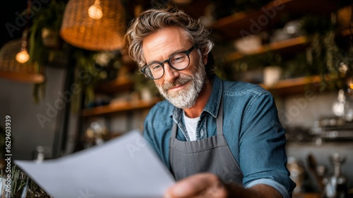 Business owner reviews equipment finance agreement in a cozy, modern cafe setting during daylight hours