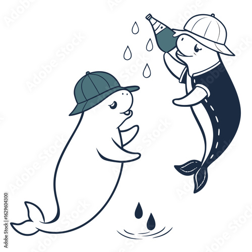 Two cute beluga whales wearing hats and one is drinking from a bottle with water drops