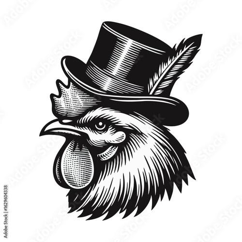 Rooster Head Wearing a Top Hat Vintage Illustration