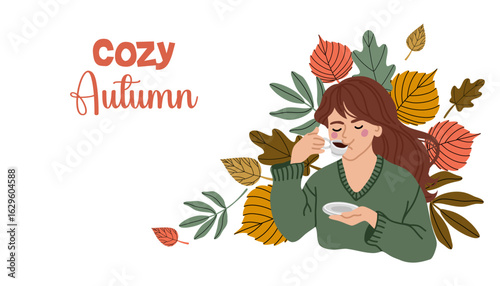 Flat style vector illustration of a girl holding a coffee cup and saucer, surrounded by colorful autumn leaves and Cozy Autumn text 