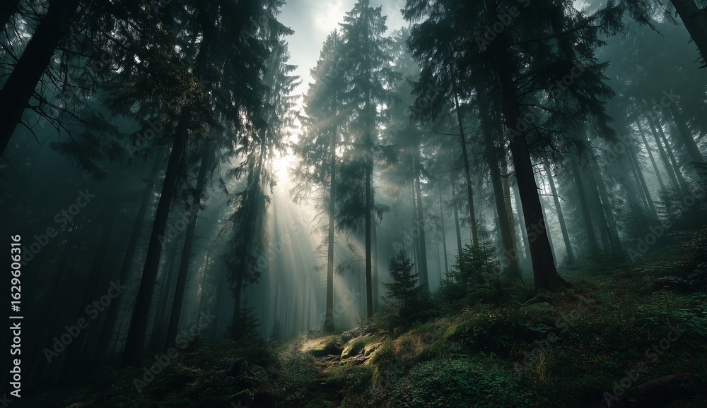 Fototapeta premium Ethereal misty forest with tall trees and sun rays shining through the fog at sunrise, tranquil nature landscape with soft light and atmospheric mood in the early morning woodland scenery