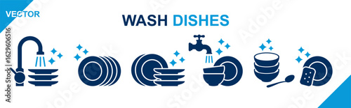 wash dishes icon set for hotel, restaurant, home, kitchen. dish washing or utensil cleaning icons reflecting housework, hygiene, cleaning, washing etc. clean and tidy kitchen utensil icons. eps icons 